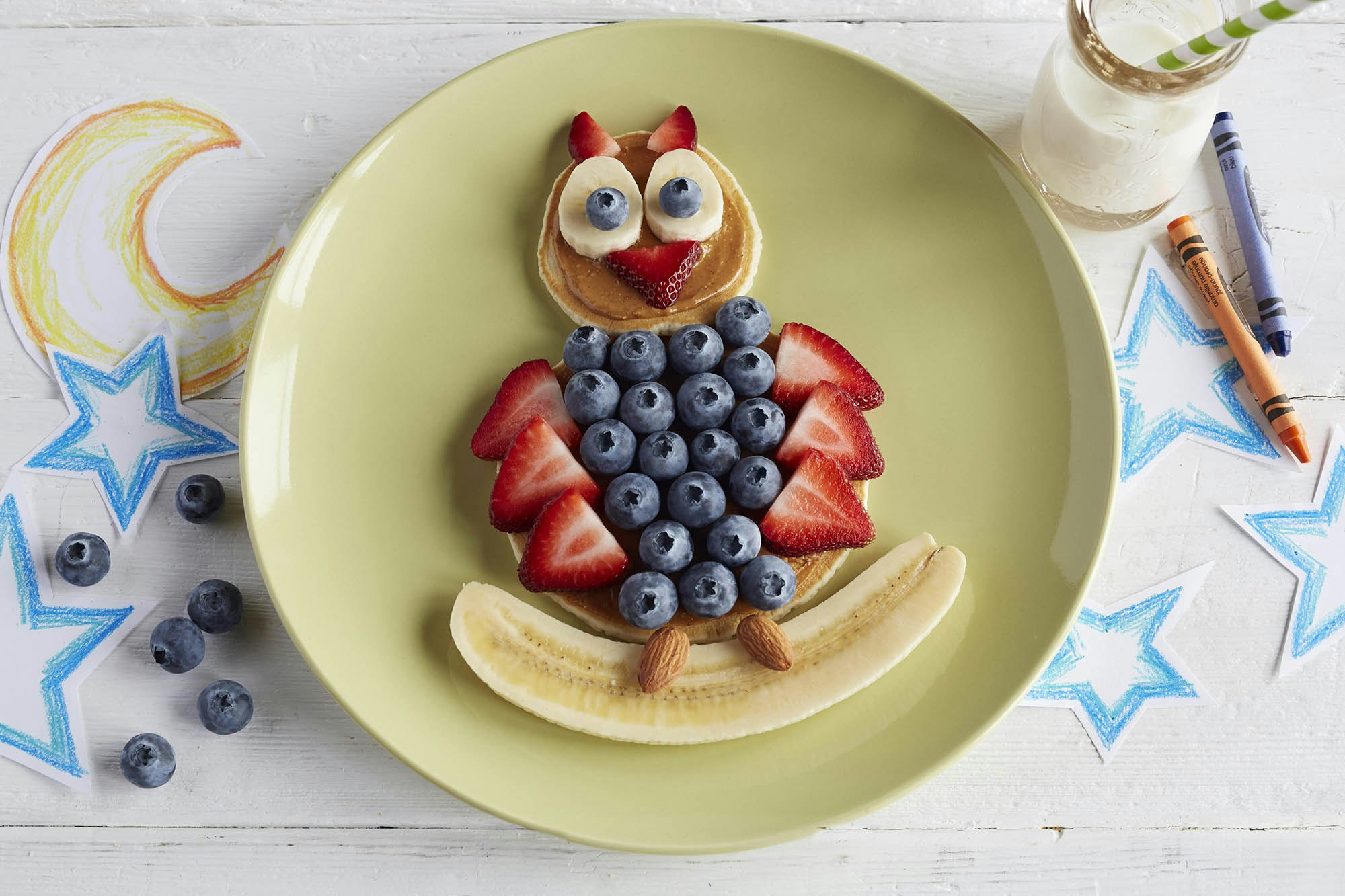 A plate of pancakes and berries in the shape of an owl