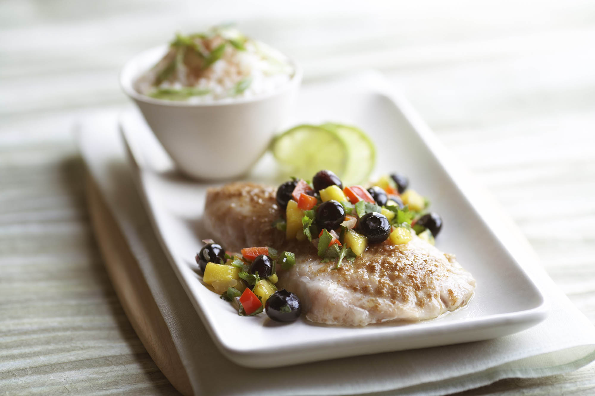 Cod (or Tilapia) with Warm Blueberry Mango Salsa