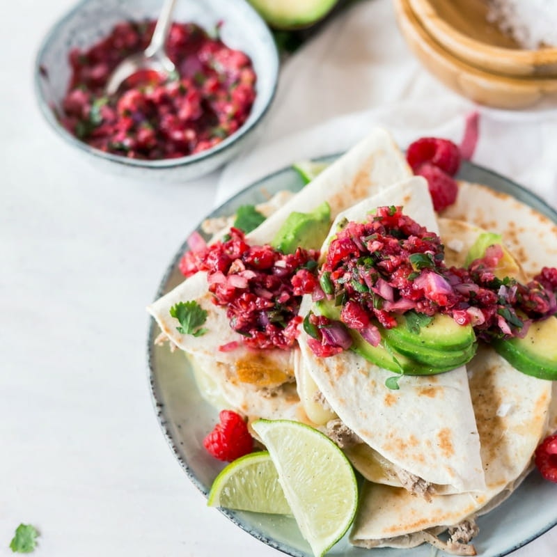 Pulled pork quesadilla tacos with spicy raspberry salsa