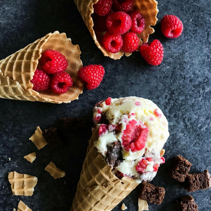 Fresh raspberry and brownie chunk ice cream