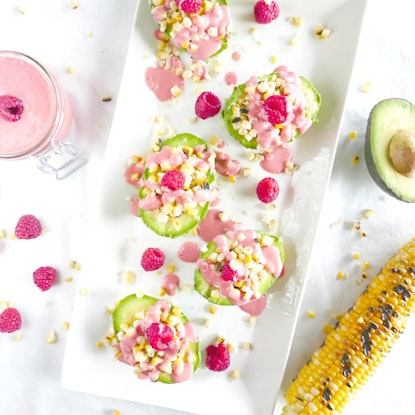Avocado cups with blistered corn and fresh raspberry vinaigrette